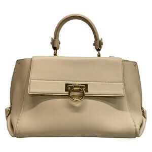Auth Salvatore Ferragamo Gancini 21F606 Gray Beige Leather Handbag